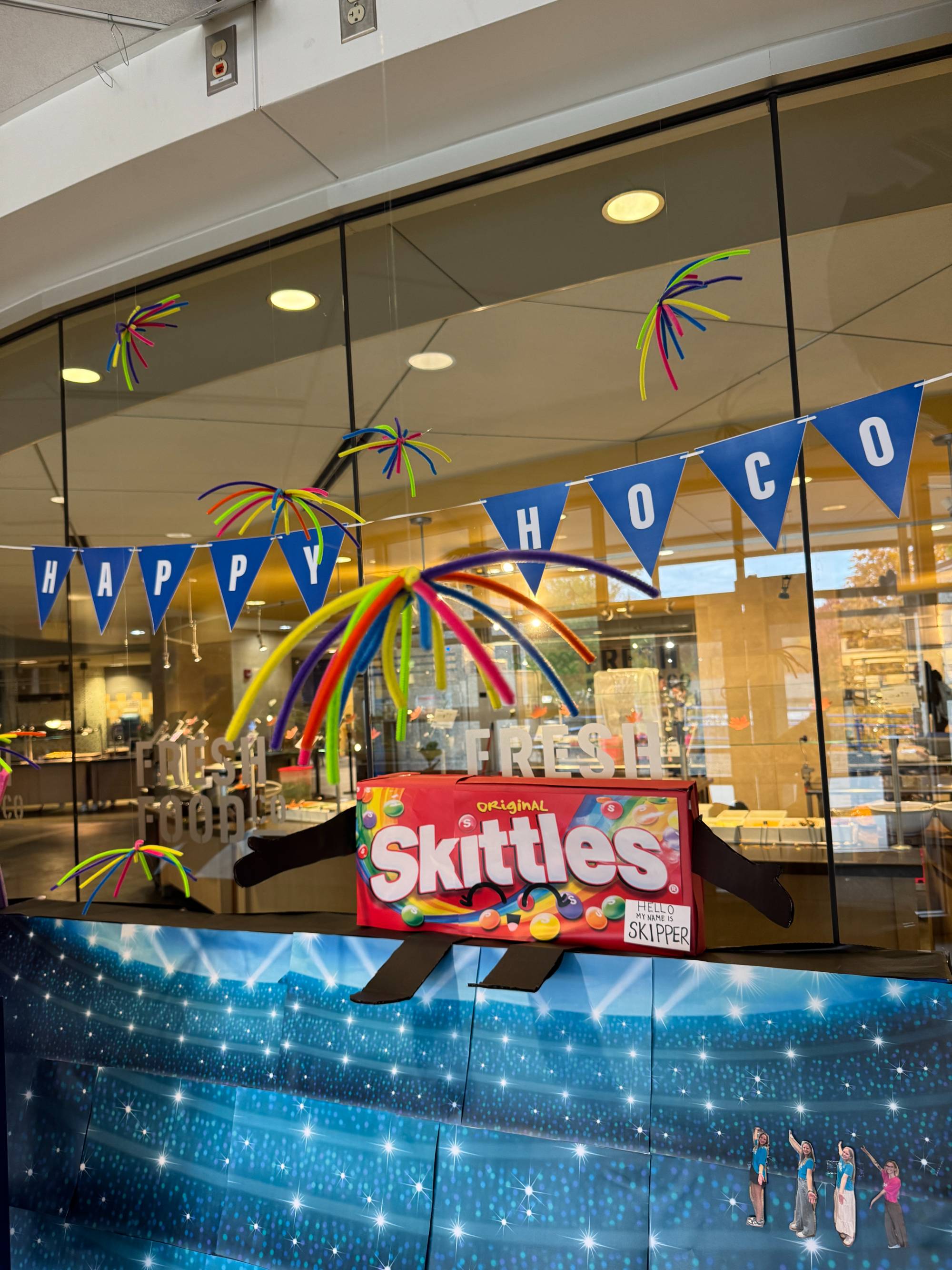 Laker Food Co entrance decorations, Skittles named "Skipper"